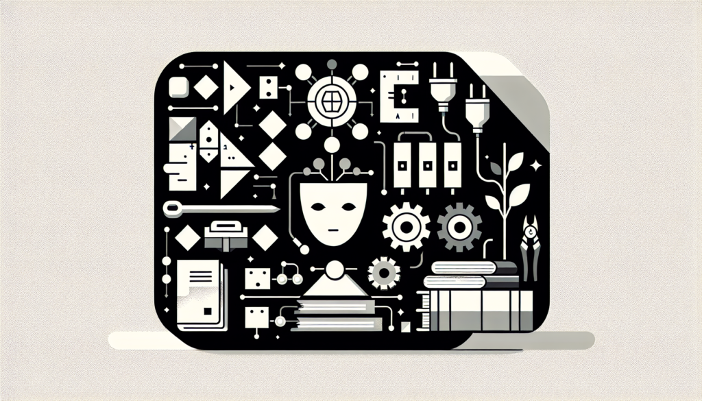 Ilustração minimalista P&B de uma caixa de ferramentas modular representando skills de um agente de IA