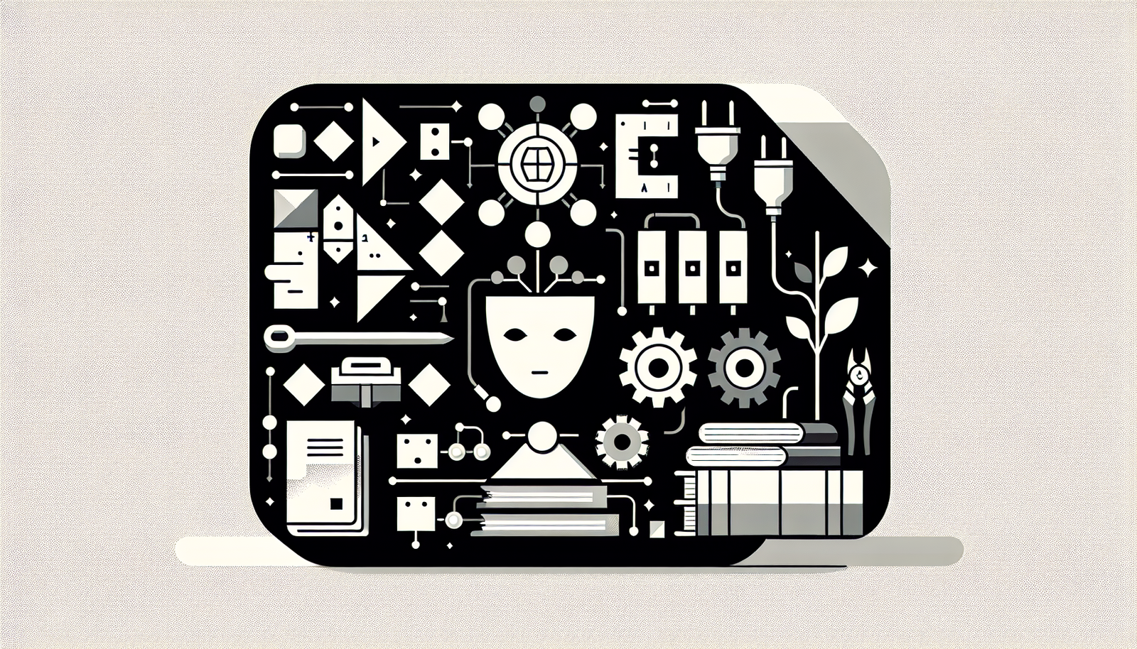 Ilustração minimalista P&B de uma caixa de ferramentas modular representando skills de um agente de IA